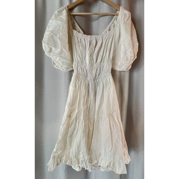 Cleobella Olive Mini Dress Ivory Puff Sleeves Open Back Ruffle Hem Cotton Large - Picture 3 of 13